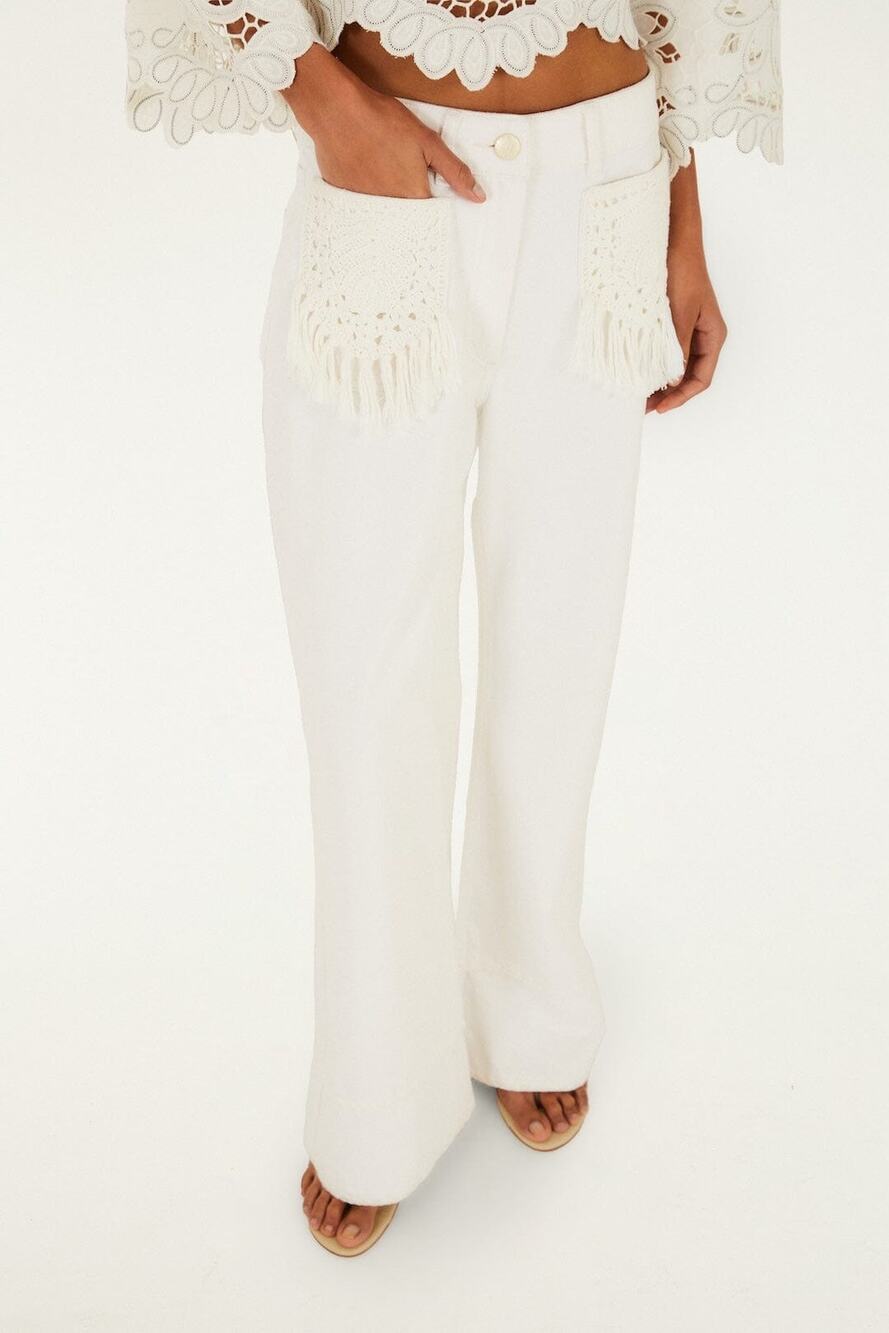 Farm Rio Women's White Wide High Rise Jeans with Crochet Trim